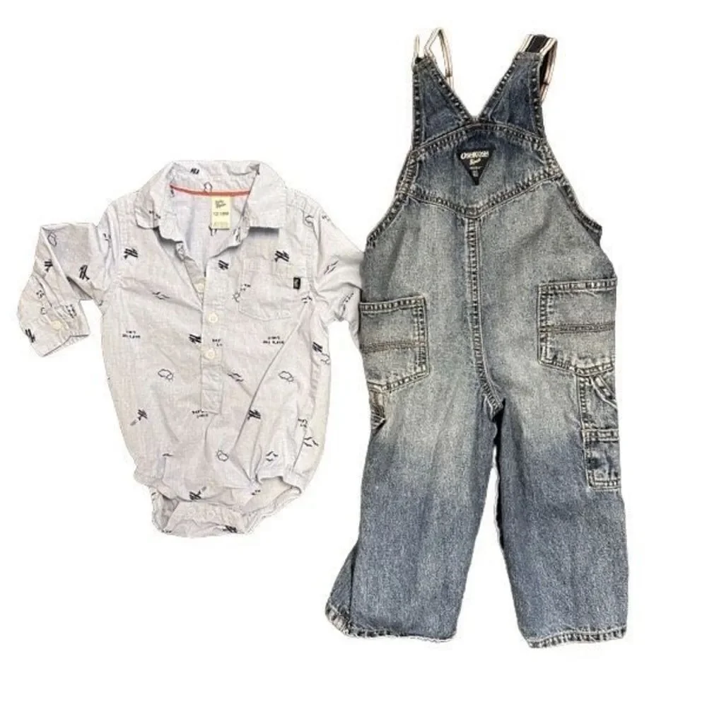 OshKosh B'Gosh Outfit Denim Overalls and Airplane Button Up